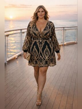Boohoo Sequin Embroidered Mini Dress Black Gold Plunge Long Sleeve UK 22 US 18